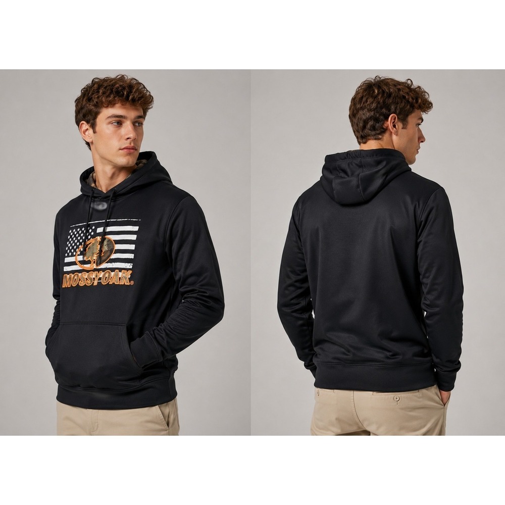 Mossy Oak Hoodie Mens XL Black Camo Lined‎ USA Flag Hunting Pullover